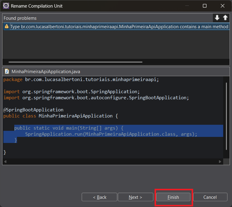 Print screen da tela do Eclipse para confirmar a alteração da classe
