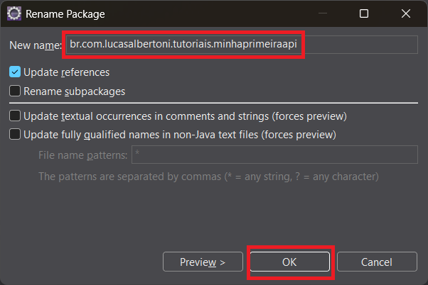 Print screen da tela do Eclipse para renomear o pacote