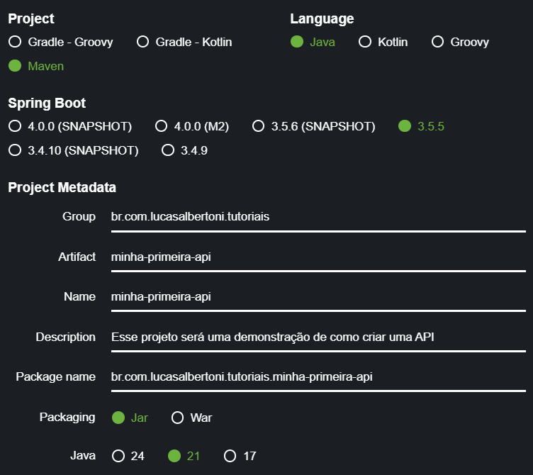 Print screen da tela do site do Spring Initializr com a tela do lado esquerda preenchida