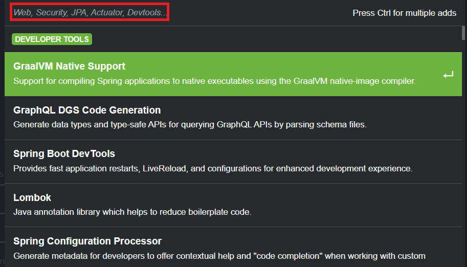 Print screen da tela do site do Spring Initializr com a tela de adicionar dependências