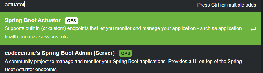 Print screen da tela do site do Spring Initializr com a tela do lado direito mostrando a dependência Spring Actuator selecionada