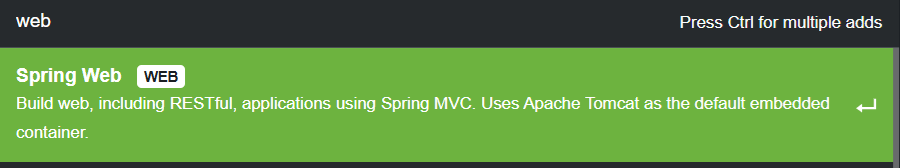 Print screen da tela do site do Spring Initializr com a tela de adicionar dependências aparecendo a dependência Spring Web