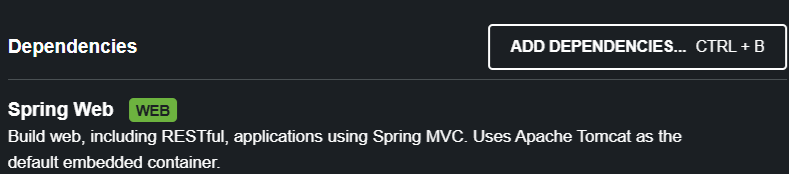 Print screen da tela do site do Spring Initializr com a tela do lado direito mostrando a dependência Spring Web selecionada