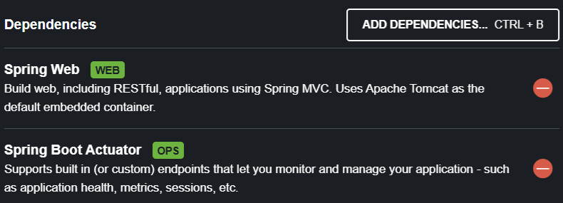 Print screen da tela do site do Spring Initializr com a tela do lado direito mostrando as dependências Spring Web e Spring Actuator selecionadas