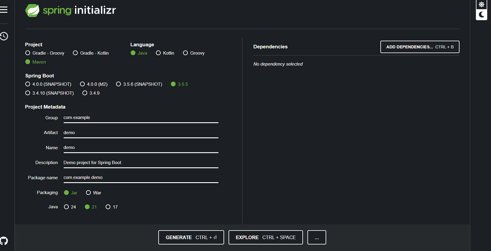 Print screen da tela do site do Spring Initializr