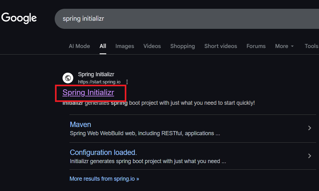Print screen da tela do site do Google com resultados da pesquisa com o texto spring initializr